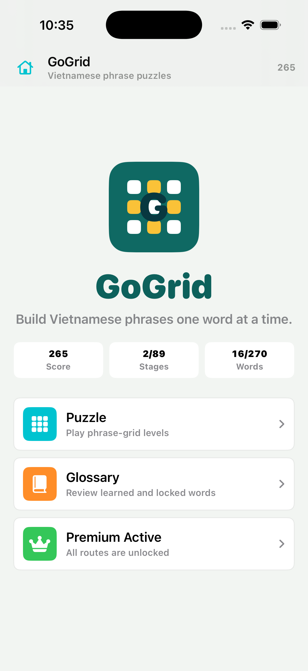 GoGrid home screen showing score, stages, and words