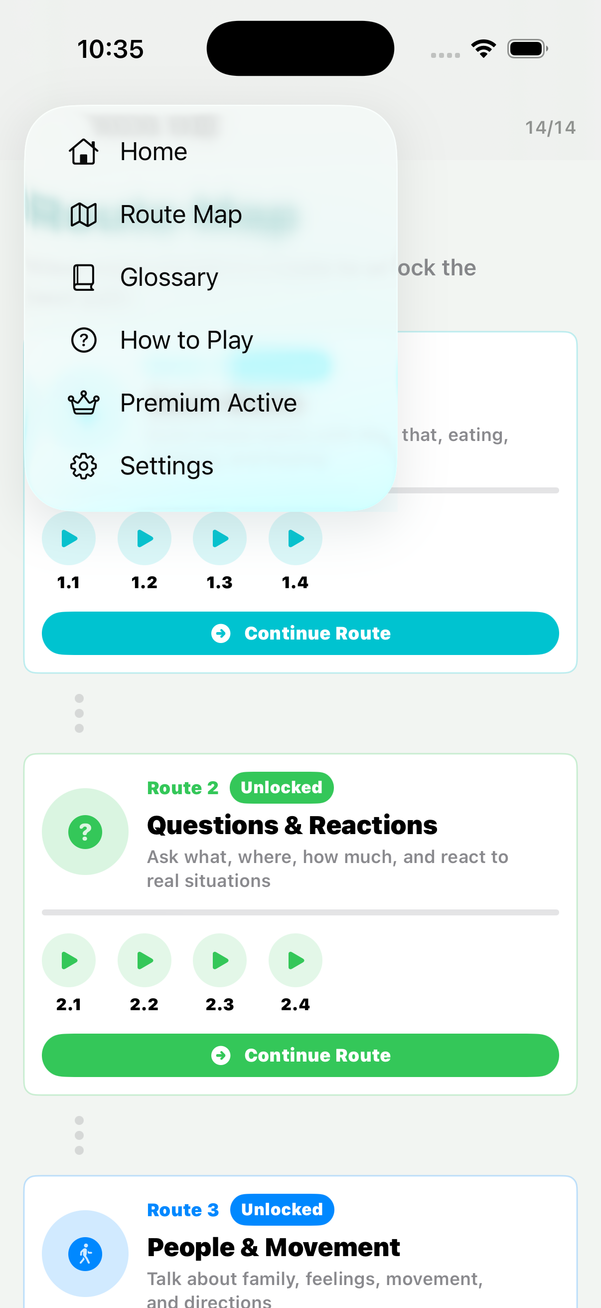GoGrid app menu showing route map, glossary, help, premium, and settings
