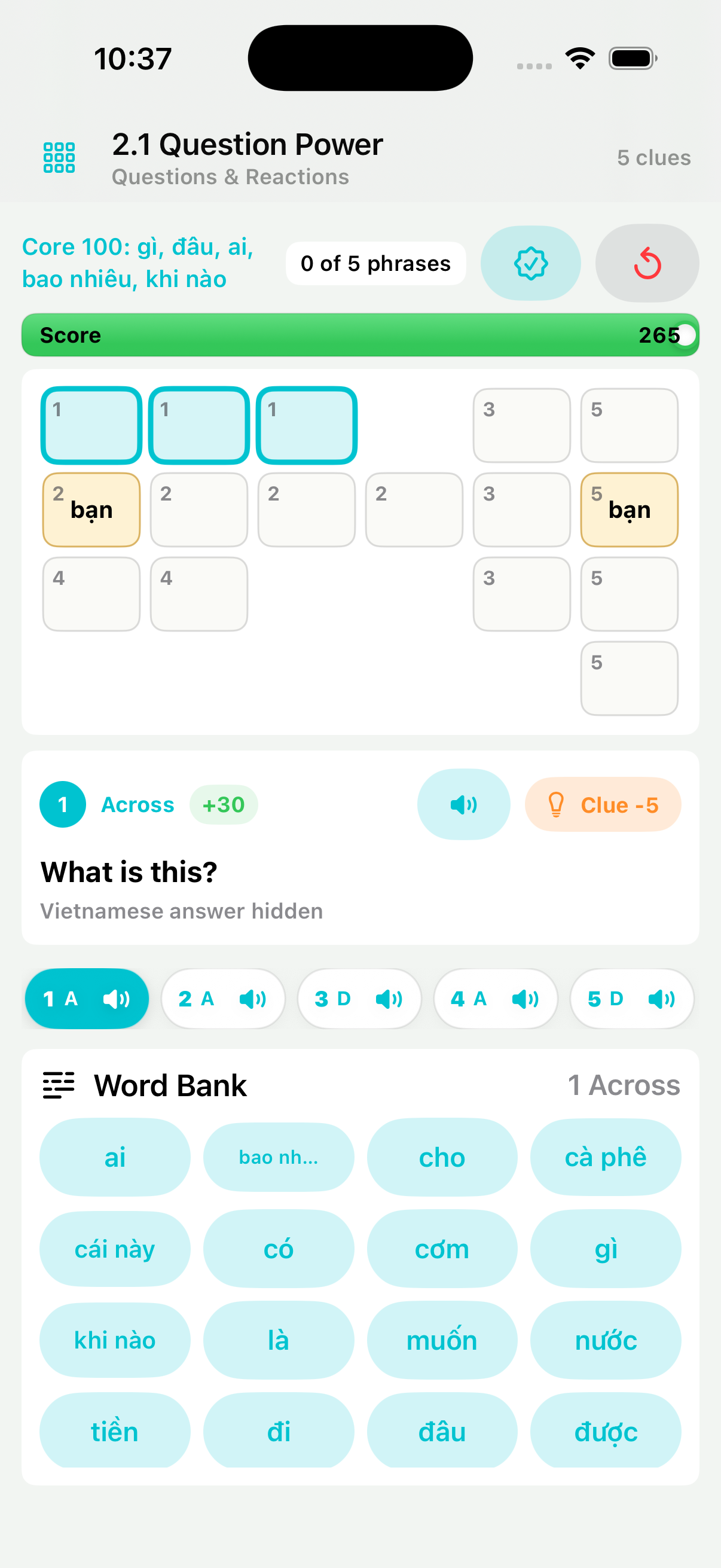GoGrid puzzle screen with phrase grid, clue panel, audio controls, and word bank